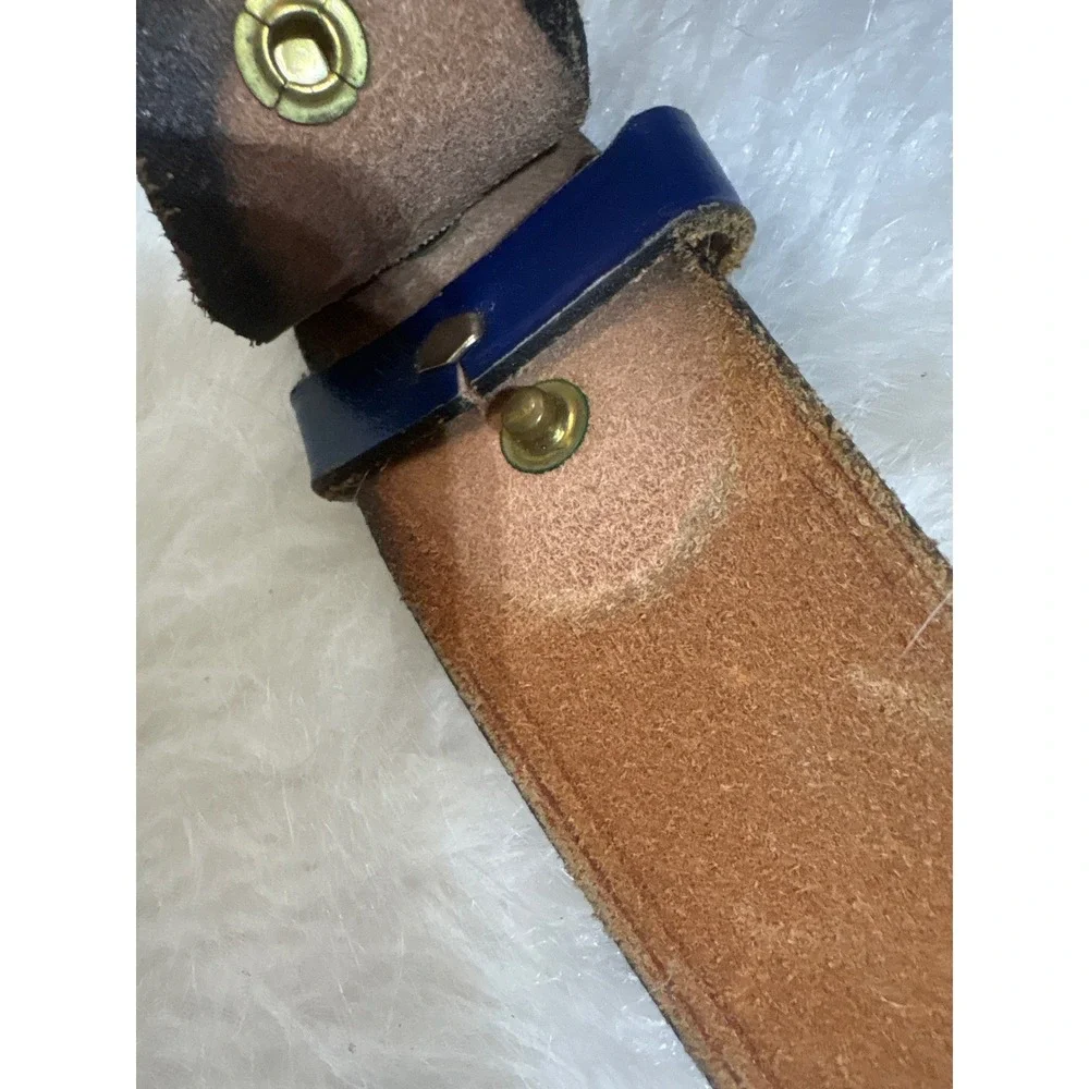 Vintage Belt Womens 36 Blue Leather Snap On Silver Buckle Classic Western Boho